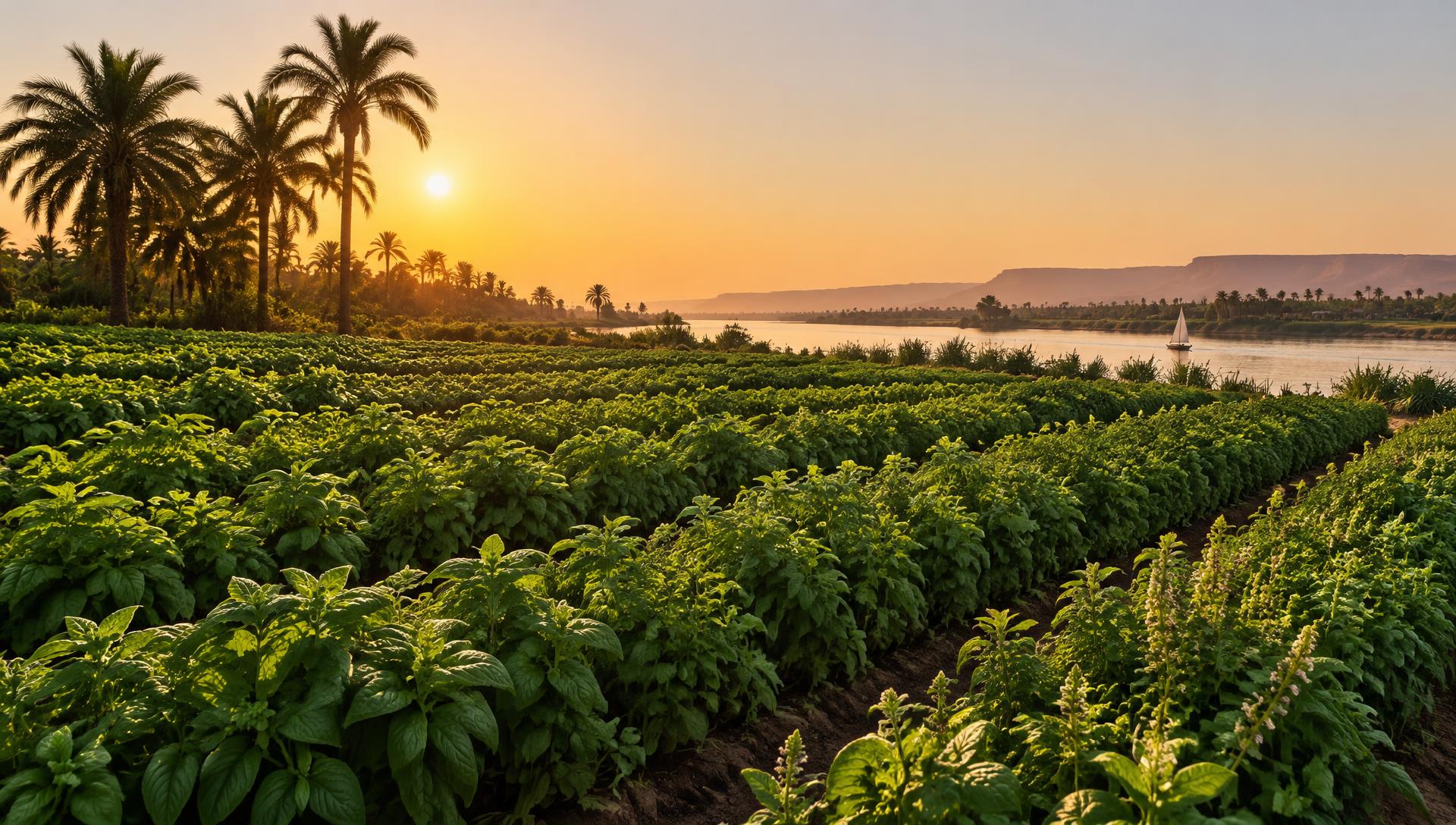 Herb fields along the River Nile in Egypt at sunset