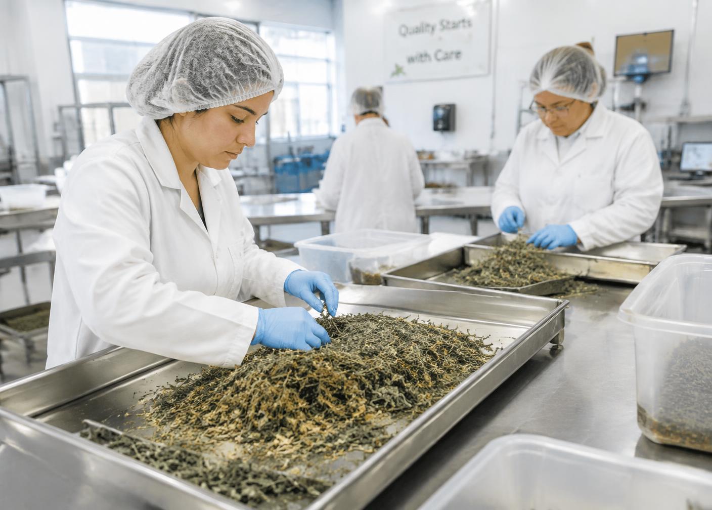 Dried herbs being sorted and inspected on stainless steel tables